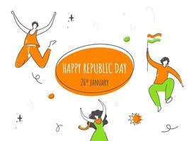 Illustration Of Cartoon Teenage People Jumping With Indian Flag On White Background For 26th January, Happy Republic Day. vector