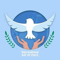azul papel cortar circulo forma tierra globo antecedentes con manos liberando paloma y verde aceituna hoja ramas para internacional día de paz. vector