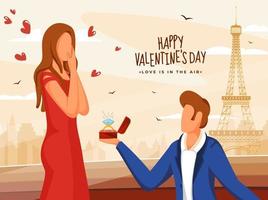 Faceless Young Man Proposing His Girlfriend in Front of Eiffel Tower Monument on the Occasion of Happy Valentine's Day Celebration. vector