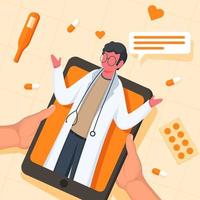 Human Talking To Doctor In Smartphone With Top View Of Medicines, Hearts And Thermometer On Peach Yellow Grid Background. vector