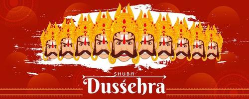 shubh dussehra encabezamiento o bandera diseño con ilustración de ravan demonio diez cabezas cortar y blanco cepillo carrera efecto en rojo antecedentes. vector