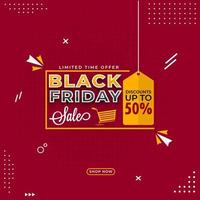 Black Friday Sale Poster Design with 50 Discount Tag Hang on Red Halftone Effect Background. vector