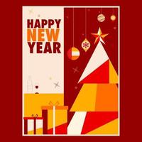 Happy New Year Template Design With Colorful Xmas Tree, Gift Boxes And Hanging Baubles Decorated Background. vector