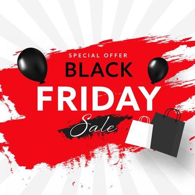 Black Friday Sale Text with Realistic Balloons, Shopping Bags and Red Brush Stroke Effect on White Rays Background.