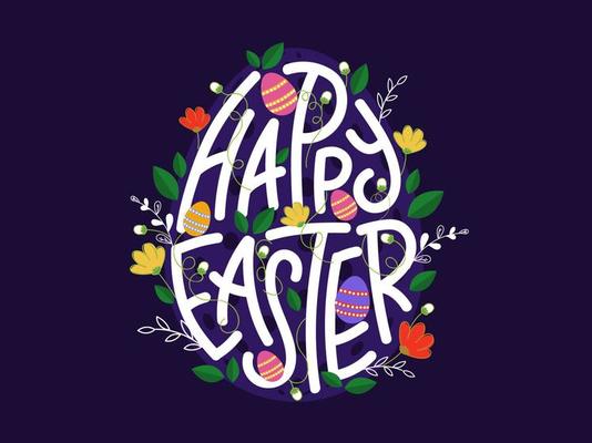 Happy Easter Font Decorated with Printed Eggs, Flowers and Leaves on Purple Background.