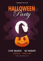 Halloween Party Flyer Or Invitation Card With Jack-O-Lantern Wear Witch Hat And Event Details. vector