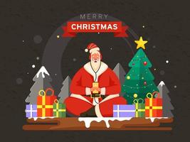 Illustration of Santa Claus holding smartphone and listen to music from headphone, Xmas trees with gift boxes on dark olive background for Merry Christmas Celebration. vector