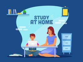 Illustration of Cheerful Boy Studying Online From Laptop Near Her Mother At Home To Protect For Coronavirus Outbreak. vector