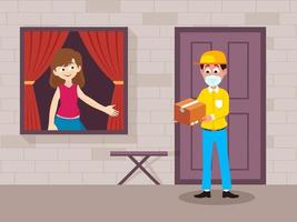 Delivery boy wear face mask standing at home door and customer girl saying box keeping on stool for Social Distance Concept. vector