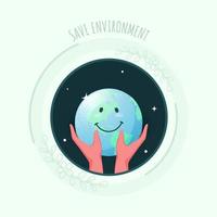 Human Hands Holding Smiley Earth Globe on Green Background for Save Environment Concept. vector