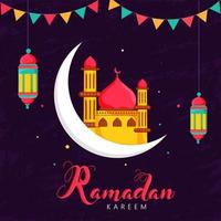 Illustration of Crescent Moon with Mosque, Hanging Lanterns and Bunting Flag Decorated on Purple Grunge Effect Background. vector