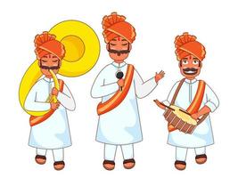 Indian Men Playing Snare Drum, Sousaphone And Singing From Microphone. vector