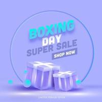 Boxing Day Super Sale Poster Design With 3D Gift Boxes On Light Purple Background. vector