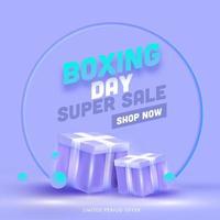 boxeo día súper rebaja póster diseño con 3d regalo cajas en ligero púrpura antecedentes. vector