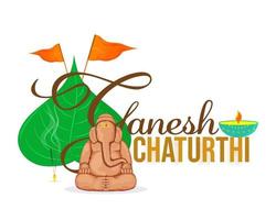 Ganesh Chaturthi Font With Creative Soil Idol Of Lord Ganesha, Peepal Leaf, Flags And Burning Diya On White Background. vector