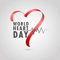 World Heart Day Text with Pulse and Red Silk Ribbon on Glossy Background. vector