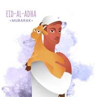 Eid-Al-Adha Mubarak Celebration Concept with Muslim Man Carrying a Goat on His Shoulder and Purple Watercolor Splash Background. vector