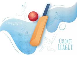 Cricket League Concept with Realistic Bat, Red Ball and Line Art Players on White and Blue Wave Background. vector