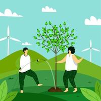 Cartoon Man and Woman Gardening Together with Windmill on Green Nature Background for Save Environment Concept.