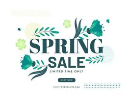 Spring Sale Poster Design with Green Flowers and Leaves on White Background. vector