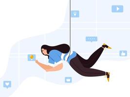 Imagination Woman Using Social Media App on Abstract Background. vector