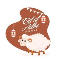 Eid Al Adha Mubarak Concept with Cartoon Sheep and Hanging Lanterns on Abstract Brown Background. vector