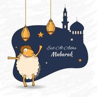 Eid al-Adha Mubarak fuente con dibujos animados oveja baile, colgando linternas y estrellas decorado en azul silueta mezquita y blanco grunge antecedentes. vector