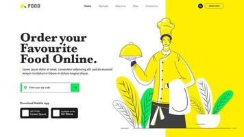 Responsive Landing Page Design with Chef holding Cloche for Order Your Favorite Food Online. vector