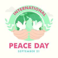 21st September, International Peace Day Poster Design with Human Hand Holding Earth Globe and Doves on White Background. vector