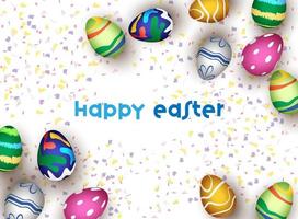Top View of Colorful Printed Eggs Decorated on Confetti Background for Happy Easter. vector