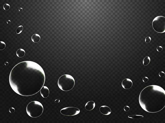 Abstract water drops or liquid bubbles decorated on black transparent background.