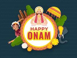 pegatina estilo contento onam texto en circular marco con Rey Mahabali haciendo namasté, trikkakara appan ídolo, plátano hojas, elefante y flores vector