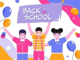 Back To School Text with Cheerful Student Kids and Balloons on Abstract Background. vector