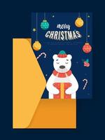 Merry Christmas Greeting Card In Blue Color With Yellow Envelope. vector