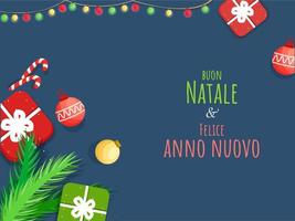 alegre Navidad y contento nuevo año texto escrito italiano idioma con parte superior ver de regalo cajas, adornos, caramelo caña, abeto hojas decorado en azul antecedentes. vector