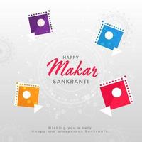 Happy Makar Sankranti Text With Colorful Kites On Grey Mandala Pattern Background. vector