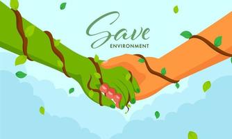 Save Environment Concept with Handshaking Between Human and Green Hand on Blue Background. vector