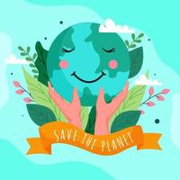 Save The Planet Text Ribbon with Hands Holding Smiley Earth Globe and Leaves on Turquoise Background. vector