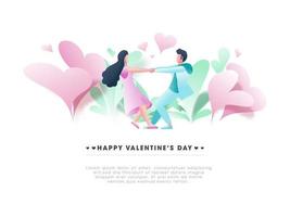 sin rostro joven Pareja bailando con participación manos, rosado y verde papel corazones decorado en blanco antecedentes para contento San Valentín día. vector