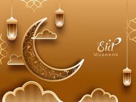 Crescent moon, hanging lanterns and clouds on brown background. Islamic festival Eid Mubarak concept. vector