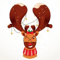 Cartoon Reindeer Face with Lighting Garland on White Background. vector