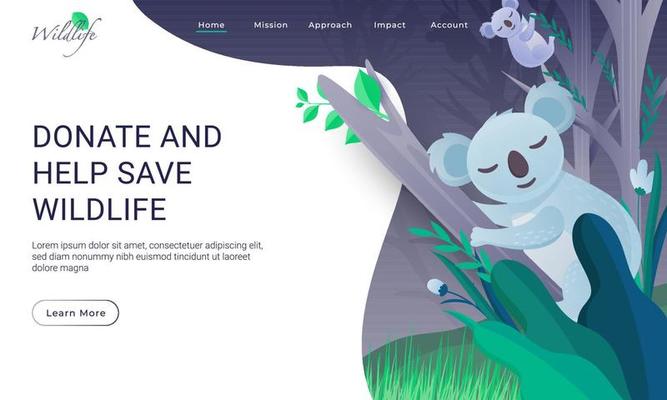Landing Page Design with Two Koala Climbing Tree for Donate and Help Save Wildlife.