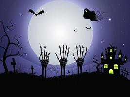 Full Moon Graveyard Background with Skeleton Hands, Ghost, Bats Flying and Haunted House for Halloween Party. vector
