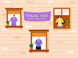 People Clapping To Appreciate Doctors and Nurses From Balcony or Window with Say Thank You on Peach Brick Wall Background. vector