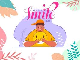 mundo sonrisa día póster diseño con joven hombre participación un sonriente emoji y vistoso hojas decorado en blanco antecedentes. vector