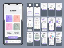 móvil aplicación ui kits con diferente gui diseño incluso firmar en, firmar arriba, olvidó, Reiniciar contraseña, parte superior gastos y comercio pantallas vector