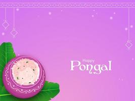 Happy Pongal Celebration Concept With Top View Of Rice Mud Pot And Banana Leaves On Magenta Background. vector