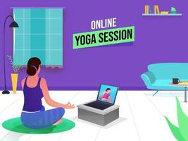 Online Yoga Session Concept Based Poster Design With Young Woman Meditating In Lotus Pose At Home To Prevent Of Coronavirus. vector