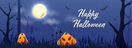 Happy Halloween Font with Jack-O-Lanterns and Flying Bats on Full Moon Blue Graveyard Background. Header or Banner Design. vector