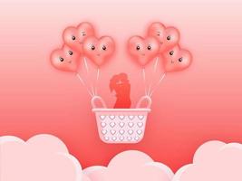 Silhouette Loving Couple Flying in Basket hanging from Heart Shaped Balloons with Facial Expression on Glossy Cloud Red Background. vector